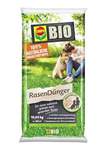COMPO BIO Rasendünger 10 05kg für 250 m Organischer-Rasendünger für tiefgrünen widerstandsfähigen Rasen unbedenklich für Mensch & Tier mit Mikroorganismen