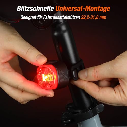 Tavaler Fahrrad Rücklicht LED | StVZO zugelassenes Rücklicht Fahrrad | USB-C Aufladbar Batterie Rücklicht | IPX6 Wasserdicht Fahrradlicht Hinten | 13 Stunden Leuchtdauer für Rennrad, MTB, E-Bike