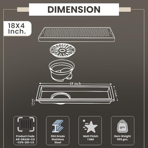 Image of EVANEX Bathroom Drainer | 18x4 Inches Shower Drain Channel | Waste Water Linear Floor Drain Channel | 304 Stainless Steel Bathroom Drainer with Anti Cockroach Trap | Bathroom Jali