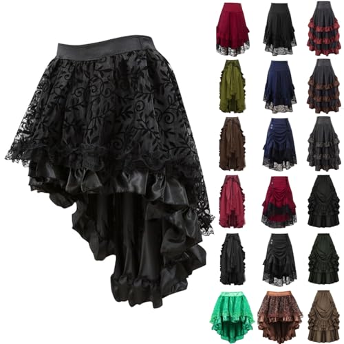 Steampunk Damen Rock Schwarz High-Low Saum Rüschen Mittelalter Kleidung Röcke,Halloween Kostüm Spitzenrock Palast Vintage Punk Skirt Karneval...