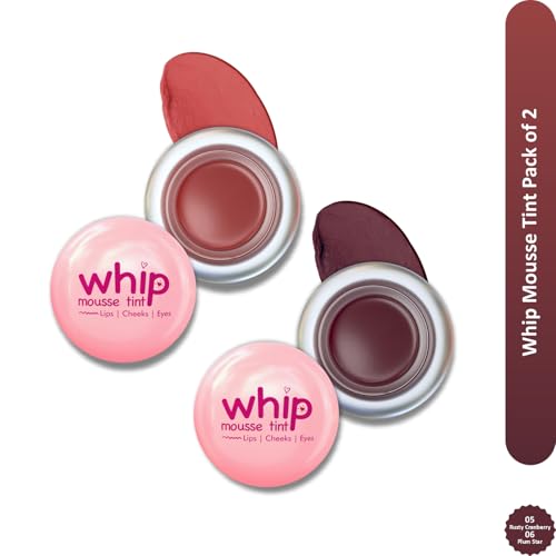 Image of Glam21 Whip Mousse Tint 3-in-1 | Lip, Cheek & Eye Tint | Vitamin E, Jojoba Oil & Shea Butter | Waterproof, Long-Lasting, Highly Pigmented | Lightweight Travel-Friendly Makeup | 4gm Each | Combo Pack Of 2 (Rusty Cranberry&Plum Star)