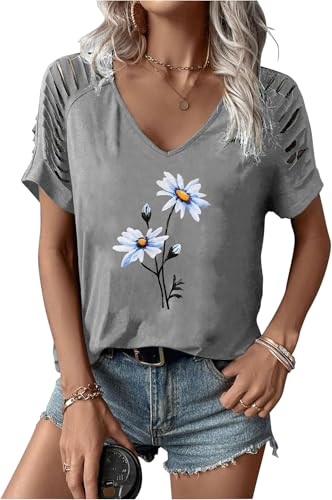 Daisy Shirts for Women Cut Out V Neck T-Shirts Boho Floral Graphic Tees Summer Cold Shoulder Short Sleeved Tops(Gray1,XXL)