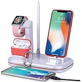 Lxtopdk Charging Stand for Apple Watch Charger, 4 in 1 Charger Station for Apple iWatch 7/6/SE/5, Build-in Charging Cable for iPhone 13/12/iPad/iPod/Airpods Pro,Pencil Holder with 2 USB Ports-White