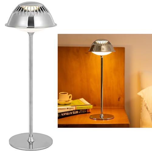 LuminexDesigns Rechargeable LED Table Lamp – Modern Cordless Touch Dimmable, Sleek Silver Metal Stylish Design, Chrome Accent Light Waterproof for Bedside Living Room Office Café Bar Patio Outdoor