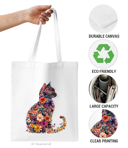 Image of Cute Cat Canvas Tote Bag for Women， Aesthetic Reusable Shoulder Bag for Shopping Travel Work