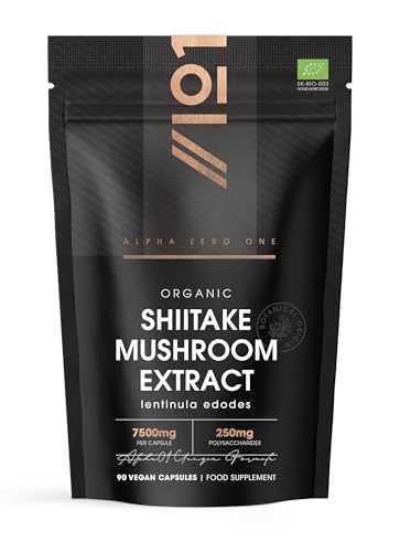 Organic Shiitake Mushroom 7500mg 50% Polysaccharides Extract Mushroom Supplement 90 Vegan Capsules (3 Months Supply) Resealable and Recyclable Pouch By Alpha01