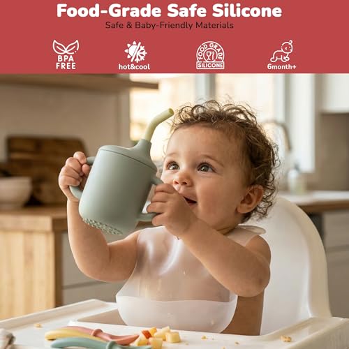 Image of BAYBEE Baby BPA-Free Silicone Sipper Cup for Kids Drinking Training Anti Spill Sippy Cup /Glass with Soft Silicone Straw & Lid for Baby, Non-Slip Twin Handles Spout Cup for Infants 6+ Months (Green)