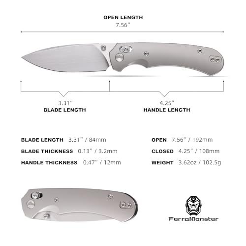 FerraMonster Klappbares Taschenmesser,3.31\ M390 Klinge,Erogonomischer Titan Griff,Jagd Überlebensmesser,EDC Messer für Jagd Camping Überleben Outdoor Angeln Wandern (Grau)
