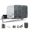 Upgraded Fiberglass Travel Trailer Cover Fits 8''-10'' Trailers,Heavy Duty Ripstop Waterproof Camper RV Cover, Anti-UV Windproof All Season Protection for Motorhome