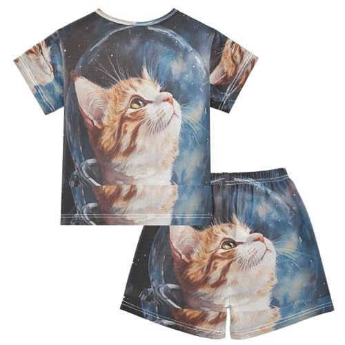 ALAZA Cat Astronaut Watercolor Pajamas Set Short Sleeve Cotton Sleepwear Summer Pjs 2 Piece 5-14Y2