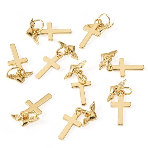 Image of 10Pcs 18K Gold Plated Cross Charms Brass Golden Crucifix with Heart Pendants Metal Permant Jewelry Charms with Jump Ring for DIY Bracelets Necklaces Earring Jewelry Making