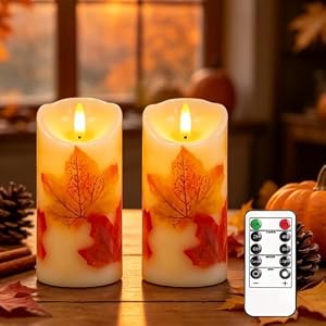 2 Stück Flammenlose LED-Kerzen mit Fernbedienung und Timer, 7,5 x 15 cm Flackernde Flammenlose Kerzen, Echtes Wachs,Batteriebetrieben,Ahornblatt LED Kerzen für Herbst Halloween Thanksgiving Deko