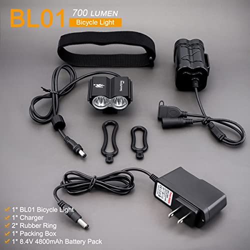SecurityIng Waterproof 700 Lumens LED Bicycle Light 4 Modes Super Bright Bike Lamp Headlight + 8.4V Rechargeable Battery Pack + Charger for Camping, Cycling, Hiking, Riding