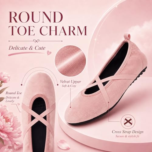 AWFI Velvet Ballet Flats for Women, Round Toe Mary Jane Style Flats with Crisscross Straps, Coolmax Midsole, Anti-Slip Sole, Dressy Work Shoes Pink — view 5