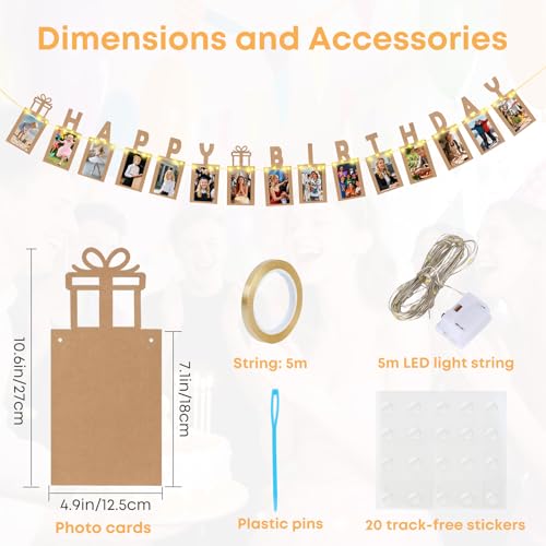 Happy Birthday Deko, Seutgjie Fotogirlande zum Geburtstag Kinder Frau Mann mit LED-Lichterkette und 15 Glitzerkarten für Fotos