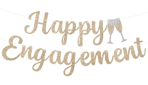 Pre-Strung Happy Engagement Banner - NO DIY Engagement Sign Gold Glitter Wedding Bridal Shower Bachelorette Banner for Just Engaged She Said Yes Wedding Party Decorations (Champagne Gold)