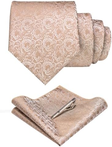 RBOCOTT Silk Stripe Plaid Tie and Pocket Square with Tie Clip Sets for Men