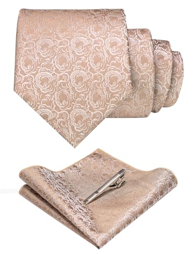 RBOCOTT Silk Stripe Plaid Tie and Pocket Square with Tie Clip Sets for Men