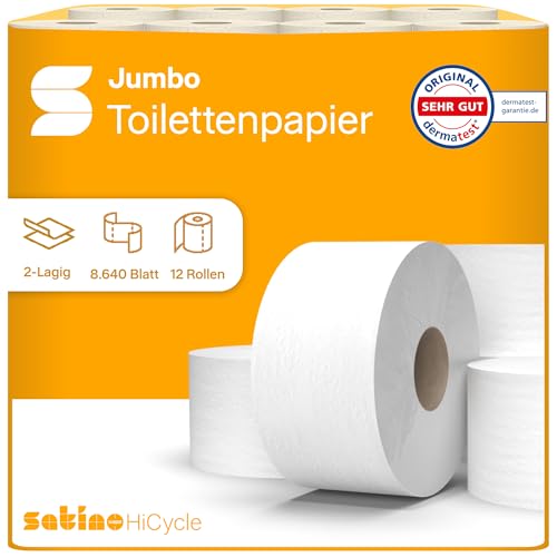 12 Toilettenpapier Großrollen 2-lagig – 8.640 Blatt – Ø Hülse: 6 cm/Ø Rolle: 18 cm - Made in Germany - EU Ecolabel zertifiziert - JT1 kompatibel - Jumborolle aus 100% Recyclingpapier - Satino