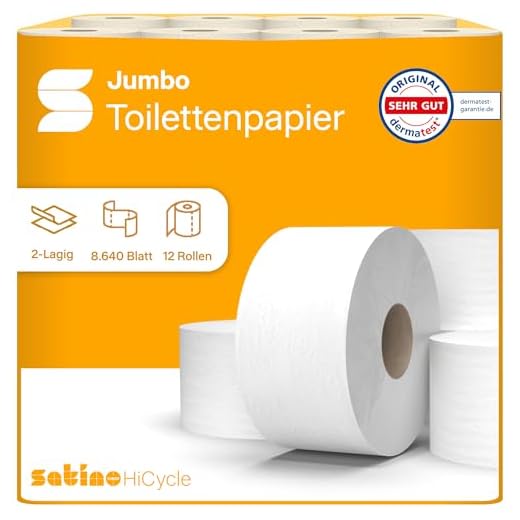 12 Toilettenpapier Großrollen 2-lagig – 8.640 Blatt – Ø Hülse: 6 cm/Ø Rolle: 18 cm - Made in Germany - EU Ecolabel Zertifiziert - JT1 kompatibel - Jumborolle aus 100% Recyclingpapier - Satino