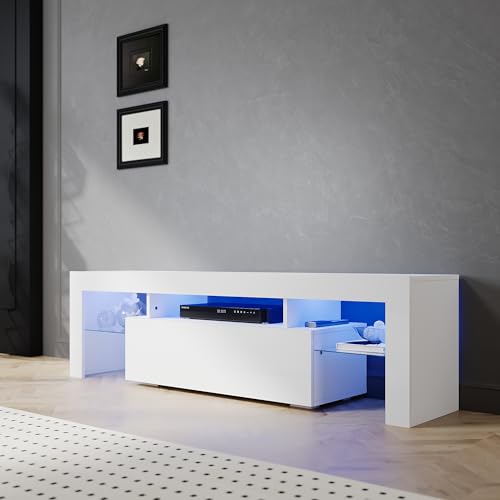 SIRHONA Meuble TV LED Blanc, Banc TV 160x35x45cm, Éclairage LED RGB avec Couleur réglable, Capacité de Charge 40 kg, Convient pour Salon ou Chambre