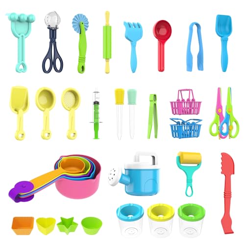 34PCS Sensory Bin Filler Tools Fine Motor Skills Handy Sensory Bin Scooper Set with Scoops Tweezers Beach Shovels Kettle Rake Sensory Table Bin Accessories for Counting Sorting Hammering Pounding