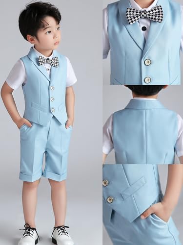 Image of LOLANTA Boys 4PCs Summer Suits, Short Suit Set for Wedding Ring Bearer Outfits Dress Clothes Vest Shirt Shorts Bow Tie