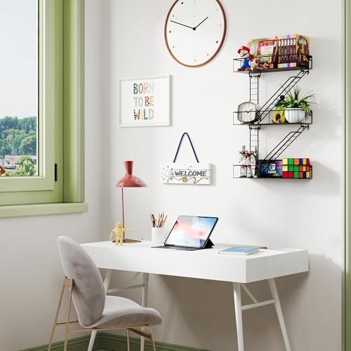 Image of Black Metal Fire Escape Wall Shelf, Unique Decorative Shelves for Wall, New York Shelf Ladder Storage, Funky Knick Knack Shelf Organizer, Industrial Wall Shelves for Bathroom,Living Room