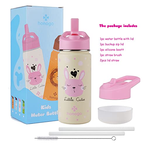 Honogo 16 Oz Stainless Steel Insulated Kids Water Bottle, Leak Proof Metal Thermos Flask With Straw Lid, Cute Toddler Tumbler Cup For School Girls & Boys (Pink, Bunny) #TOP5