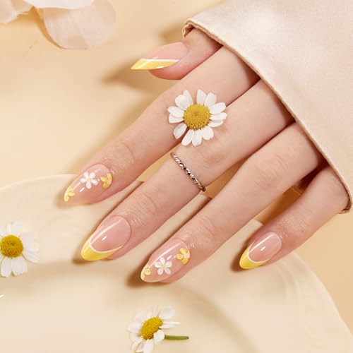 VSALON Press on Nails Short Almond - Lemon Yellow French Tip 3D F...