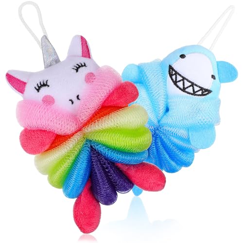 BELLIFFY Esponjas de Baño para 2 Unidades Lufa Exfoliante Corporal Suave Diseño Unicornio Rosa y Tiburón Azul Esponja de Ducha Divertida y Ligera para Piel Sensible Uso Diario y Viaje