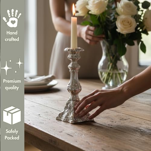 Image of Aluminum Embossed Pillar Candle Stick Holder | Finished | Table Centerpieces Coffee Tables | Home Decor Gift | Wedding Gift | Silver | (Candles are not Included)