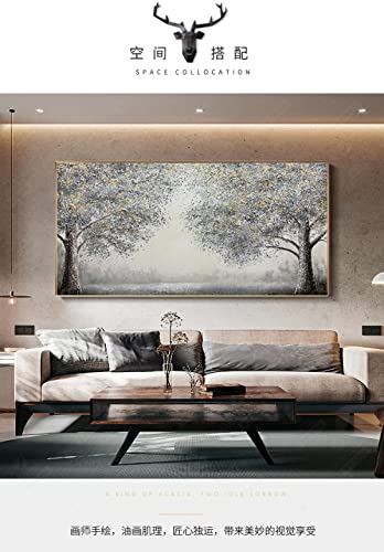 Peinture décorative salon nature morte arbres dorés gris sur toile