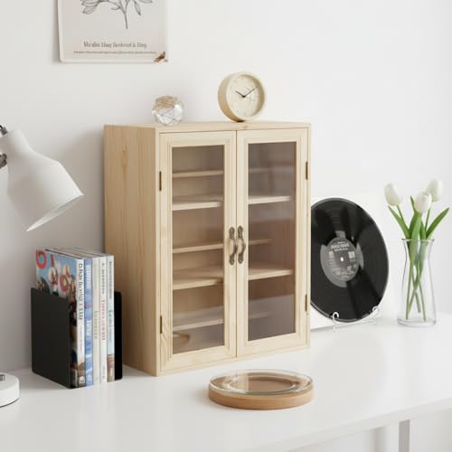 Image of LevalCraft Wooden 6-Tier Display Cabinet for Collectibles, Dustproof Clear Door Showcase with 3 Step Riser Shelves, Desktop Storage Box for Mini Figures & Small Collectibles