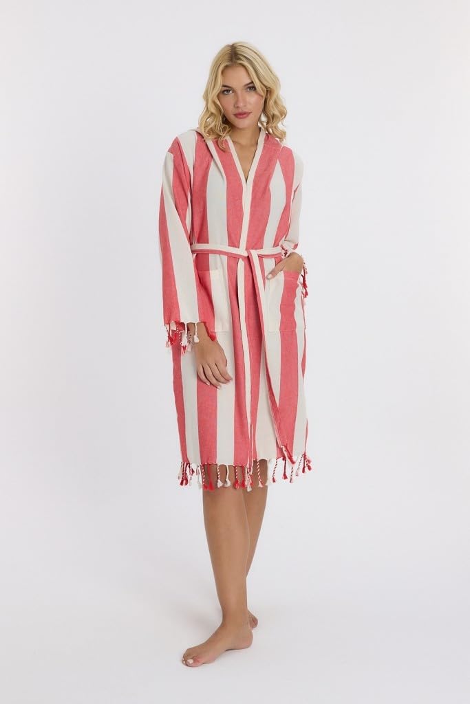 Striped Peştemal Bornoz Banyo ve Plaj Elbisesi Kırmızı L/XL