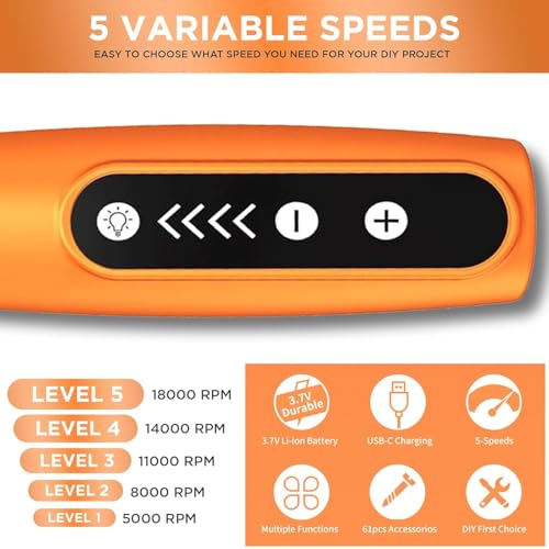 Image of POPULO 55pcs Mini Drill Machine with 5 Speeds - 2000 MAh Battery, Front LED Lights, Full Kit for Home Use, Drilling, Carving, Engraving, Sanding & Polishing (Orange)