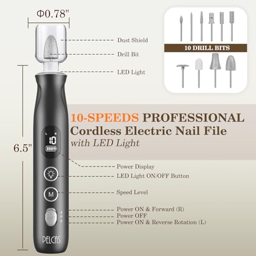 PELCAS Electric Nail Grinder, 10 Speeds Cordless Nail Drill with LED Light, Portable Manicure and Pedicure Kit, Nail File with LCD Screen for Human, Pet, Thick Toenails, Natural & Acrylic Nails Grey