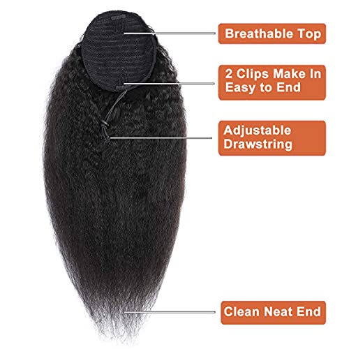 Kislemon Yaki Kinky Straight Ponytail Wrap Drawstring Human Hair Extensions Natural 1B 10A Brazilian Ponytail Clip In Afro Remy Hair Pieces For Women Yaki Straight Ponytail Hairpiece 14 Inch thumb #3