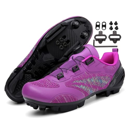 JiuQing Zapatillas De Ciclismo De Montaña Profesionales para Exteriores para Hombre Y Mujer Compatibles con Calas SPD De 2 Tornillos Incluidas,Púrpura,42 EU