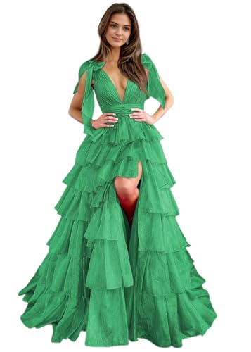 Tiered Tulle Prom Dresses for Women Long Ruffles V-Neck Formal Evening Gowns with Slit