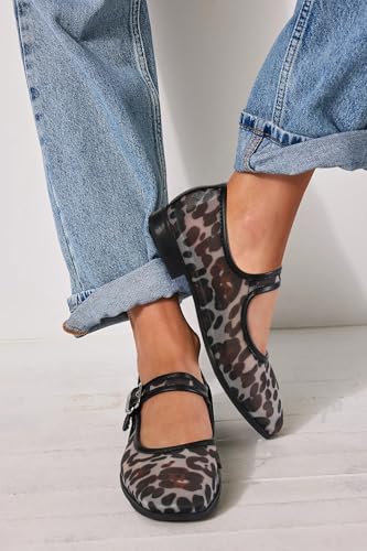 Image of DOEYG Mesh Ballet Flats Shoes for Women Leopard Animal Print Mary Jane Flats Shoes Square Toe Dress Casual Comfortable Velvet Ballerina Shoes
