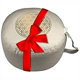 Yogakissen Meditationskissen BIO Dinkelspelz Premium Bezug OEKO TEX zertifiziert waschbar - Blume des Lebens Druck GOLD Ø 28 cm Höhe 16 cm als Sitzkissen, Sitzsack, Bodenkissen, Sitzhocker, Pouf, Yoga