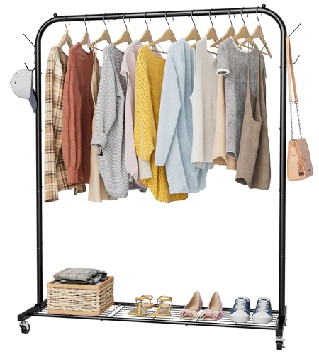 Clothes Rail, Portable Clothes Rack with Hook and Metal Storage Shelf, Heavy Duty Clothes Rail on Wheels, Clothing Rail Clothes Rails for Bedroom, Hanging Rails for Clothes, Holds up to 40 kg, Black