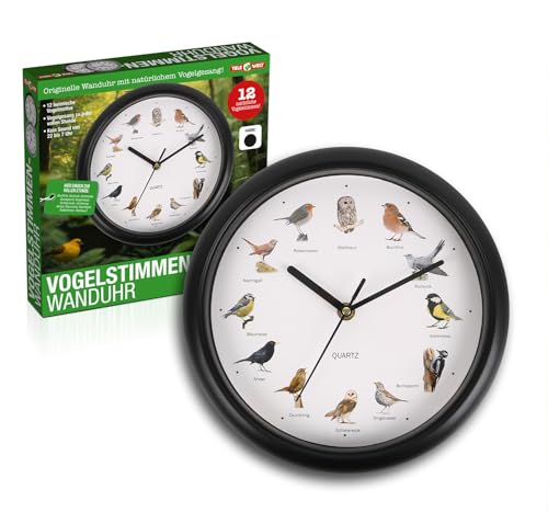 TELE WELT Wanduhr mit Vogelstimmen, schwarz [12 Vogelstimmen] modern - Wohnzimmer Uhr - Analog - Küchenuhr - Schwarze Wanduhr