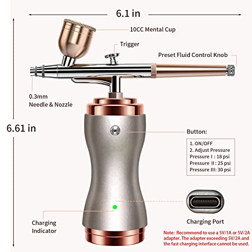 Image of Airbrush Kit with Compressor 30PSI Portable Airbrush Gun Rechargeable Handheld Cordless Air Brush for Nails Art, Painting, Cake Decor, Cookie, Mode, Makeup, Barber (Silver)