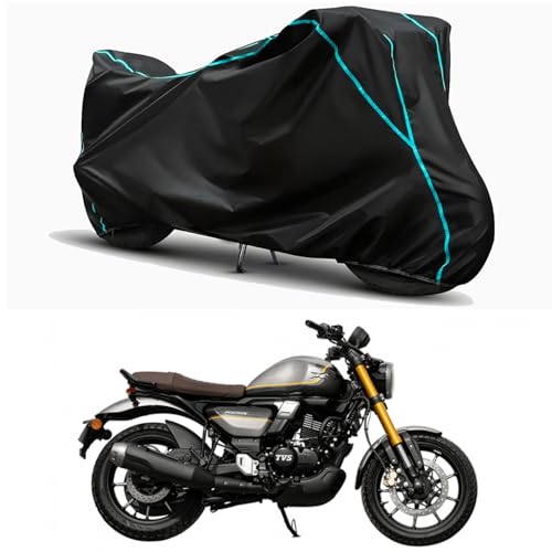 Image of Waterproof Bike Body Cover Compatible for | TVS Ronin | Taffeta Fabric, Sky Piping Design, Bottom Elastic Fit | Dustproof, Sun UV & Rain Protection for All Weather.