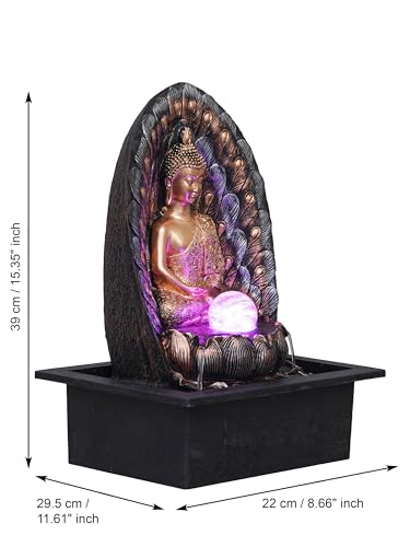 Image of Gold Brown Polyresin Table Top Meditating Buddha Indoor Waterfall Fountain for Home Decor with LED Light, Speed Control Pump & Crystal Ball (Size: 29 x 22 x 39CM | Wt: 2140Gram)