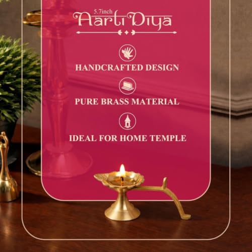 Image of Klassic Pure Brass 4.9 Inch Medium Arti Diya for Puja | Traditional Deepak for Home Temple Mandir & Daily Pooja | Decorative Brass Oil Lamp for Diwali Gifting & Festive Decor | Pack of 1