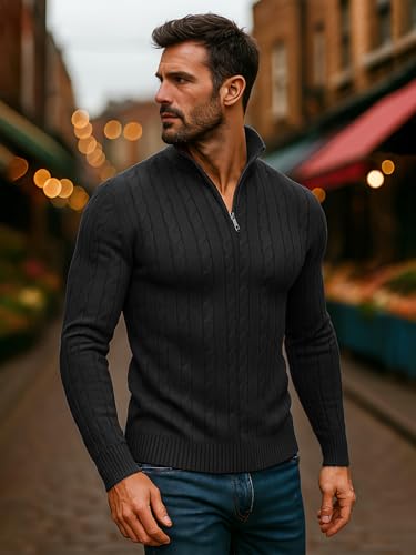 Image of TYSORT Men High Neck Zipper Full Sleeve Cable Knitted Winter Sweater,Cable Knit Sweater for Men