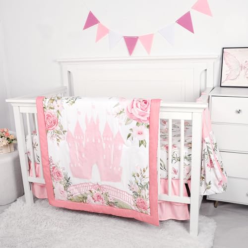 Image of TANOFAR 4-Piece Crib Bedding Set for Baby Girls, Floral Castle Nursery Bedding Set Includes Comforter, Fitted Crib Sheet, Crib Skirt, and Diaper Stacker, Pink